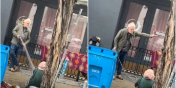 (Видео) Маж испрска со црево бездомничка и ја избрка пред неговата галерија