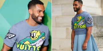 Aктерот Лисиен Лавискомте во здолниште и џемпер на Модната недела во Париз