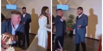 (Видео) Пијан гостин им ја уништи тортата на свадба, па младоженецот му удри бокс