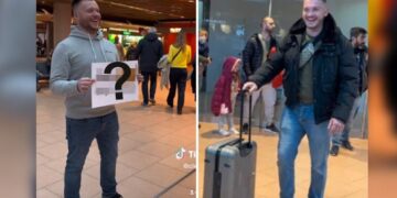 (Видео) Го дочека другарот на аеродром со порака која ги насмеа сите