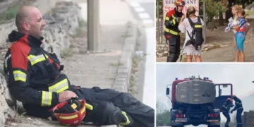 (Галерија) Пожарникар спаси две жени и деца од пожар, а фотографијата како седна да одмори го направи познат и херој