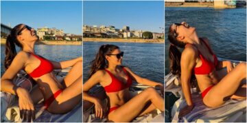 Водителката од „Ѕвездите на Гранд“ во црвено бикини се сонча на брод на Сава