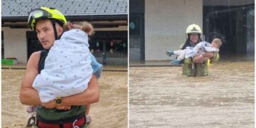 (Фото) Пожарникари спасија  22 деца од градинка по поплавите што ја зафатија Словенија