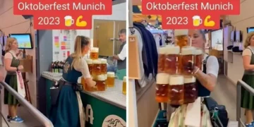 (Видео) Келнерка на Октоберфест стана хит на социјалните мрежи: Оваа девојка е за женење