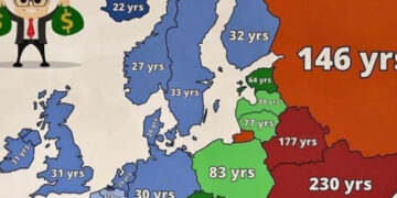 Мапа која покажува колку години се потребни за да заработите милион евра низ европските земји