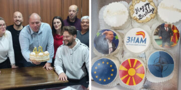 Со мафини со неговиот лик и знамињата на ЕУ и НАТО колегите му го честитаа роденденот на кумановскиот градоначалник