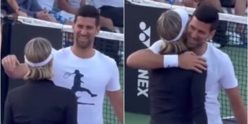 (Видео) Новак Ѓоковиќ играше тенис со Шарлиз Терон, па се прегрнаа на теренот