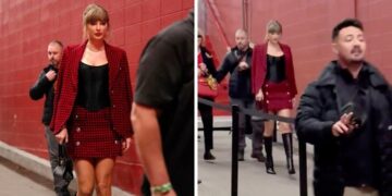 (Видео) Тејлор Свифт беше опкружена со фотографи на стадионот, нејзиното обезбедување им викаше: „Станете, станете!“