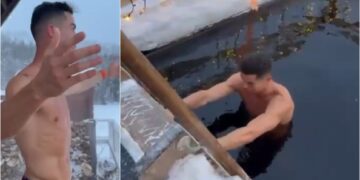 (Видео) Роналдо повторно го привлекува вниманието: излезе надвор речиси гол на минусни температури, а потоа влезе во базен