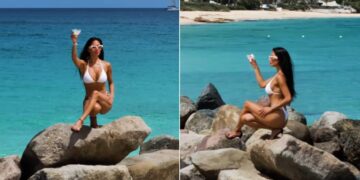 (Видео) Никол Шерцингер во бикини и штикли со коктел во раката балансира на карпа: „Оваа жена е неверојатна“