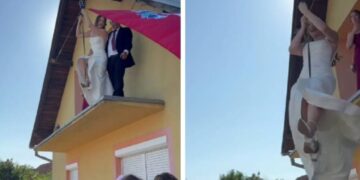 Хит видео од Хрватска: Невеста се спушти со сајла од балкон до младоженецот