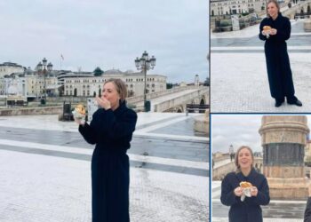 (Фото) Шведска министерка ужива во симит погача: „Започнување на денот во Скопје со енергичен појадок“