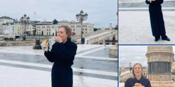 (Фото) Шведска министерка ужива во симит погача: „Започнување на денот во Скопје со енергичен појадок“